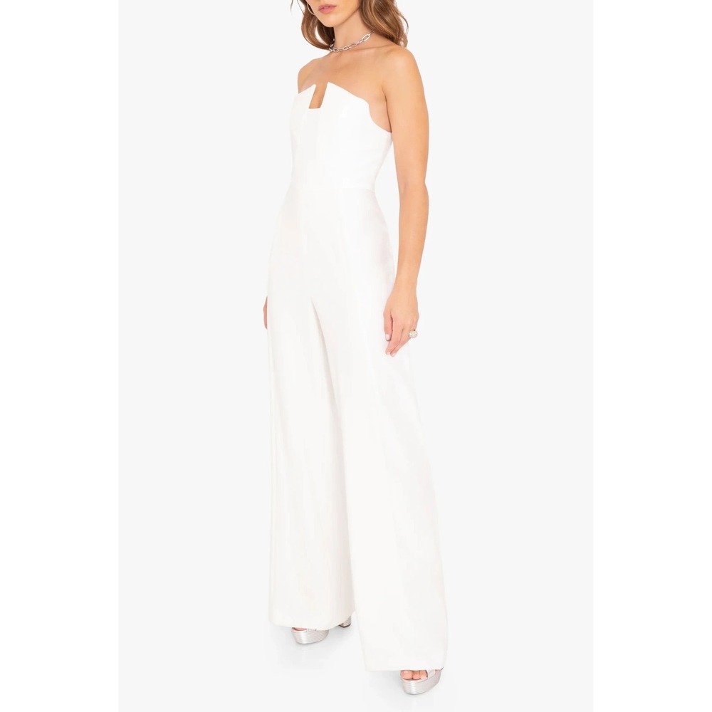 Black Halo Lena Strapless Tuxedo Jumpsuit 6 White Cream Wide Leg Notched Bodice